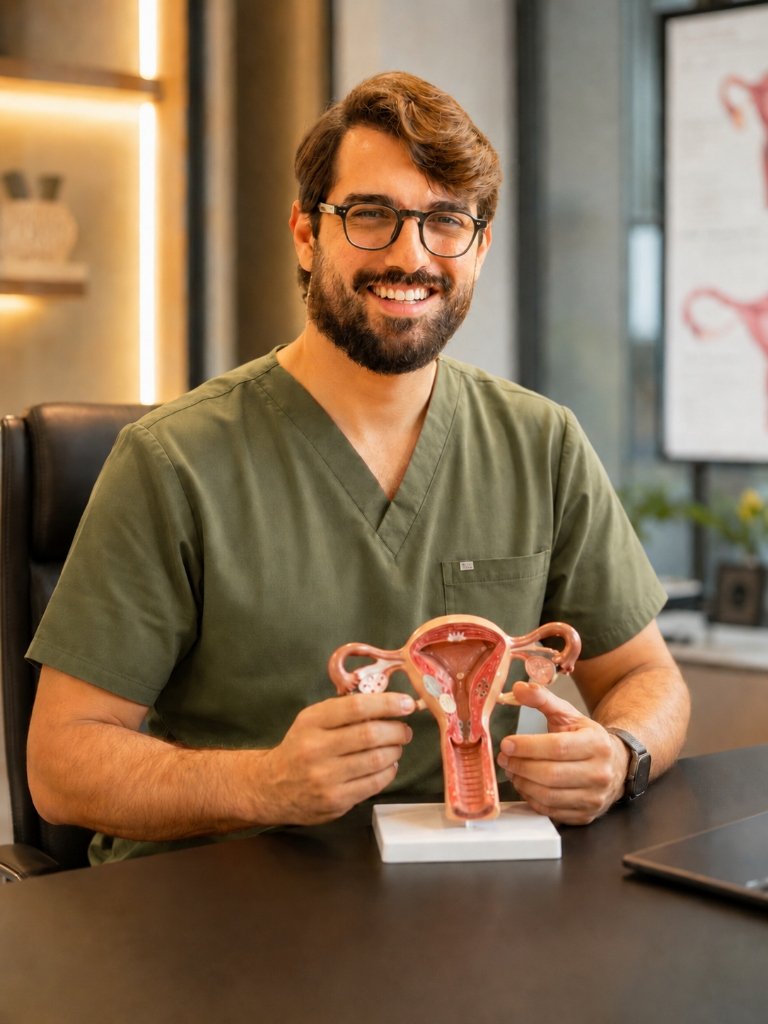 Dr. Vitor Milioni, ginecologista e obstetra, no consultório com um modelo anatômico do útero